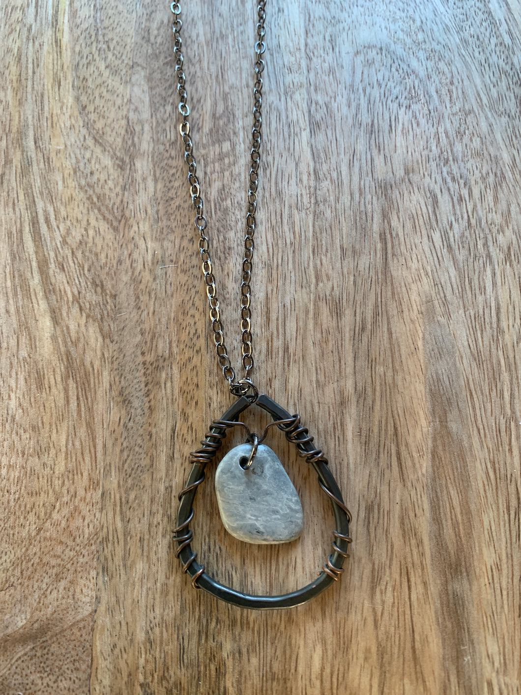 Black Metal Chain with Metal Teardrop Pendant & Stone