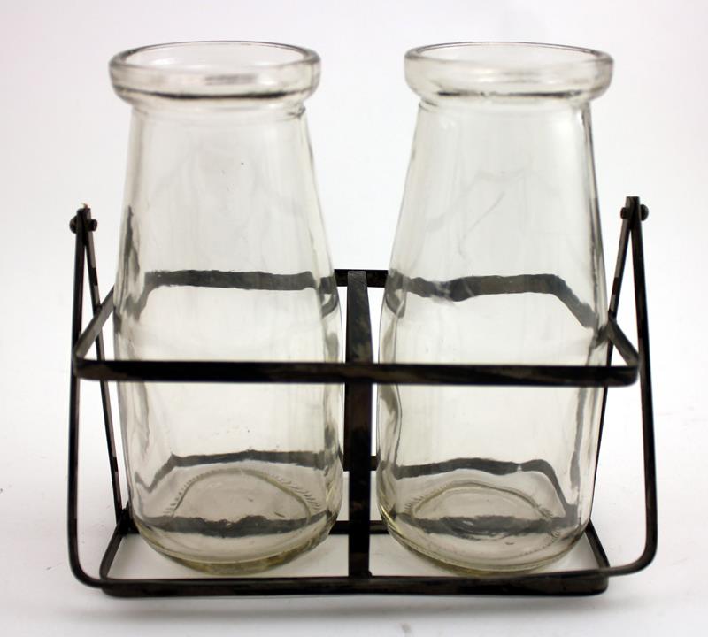 Vintage Style Milk Bottle Set - Metal & Glass