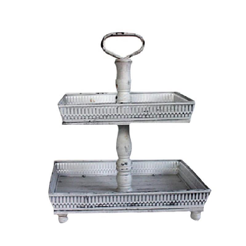 Large Two Tier Square Vintage Look Tray - White Picket Pattern