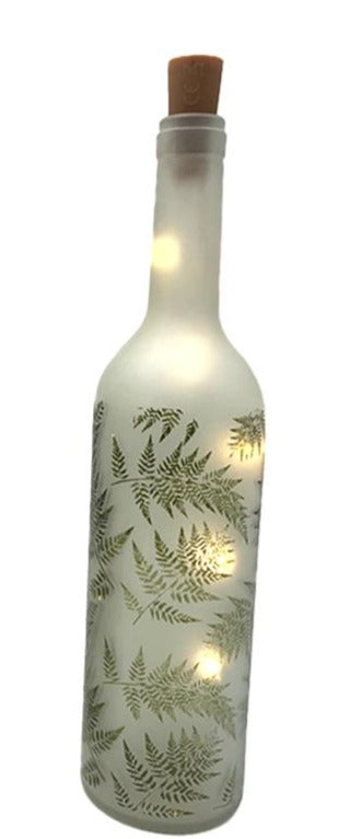 LED Wine Bottle - White & green Fern Design