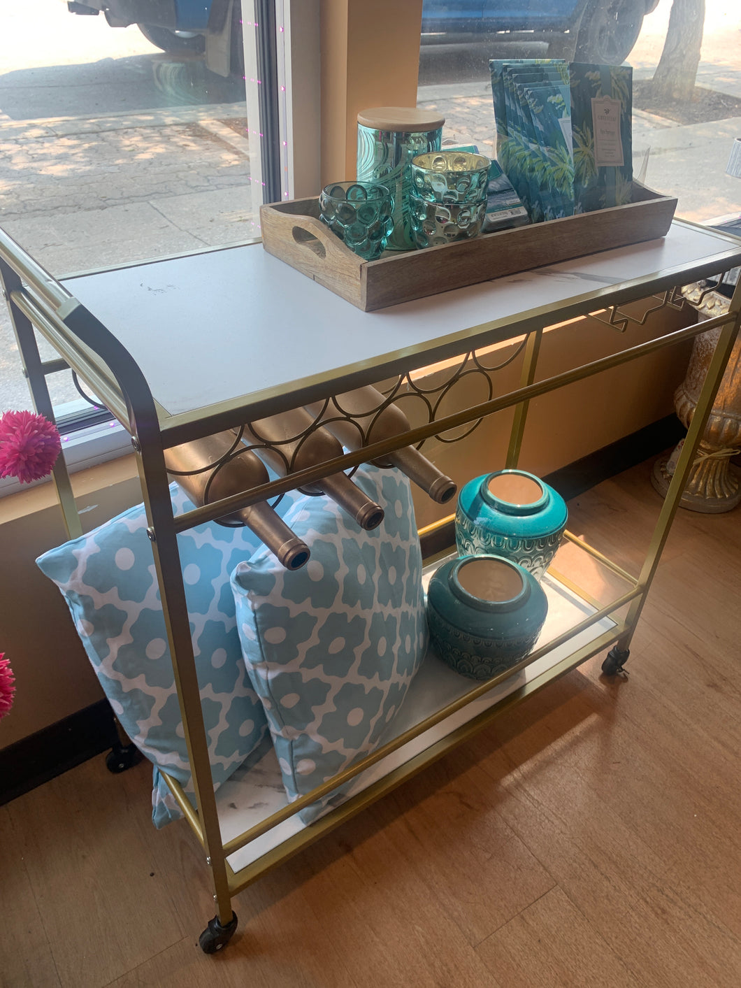 Gold Cocktail Cart with Wine and Glass Storage