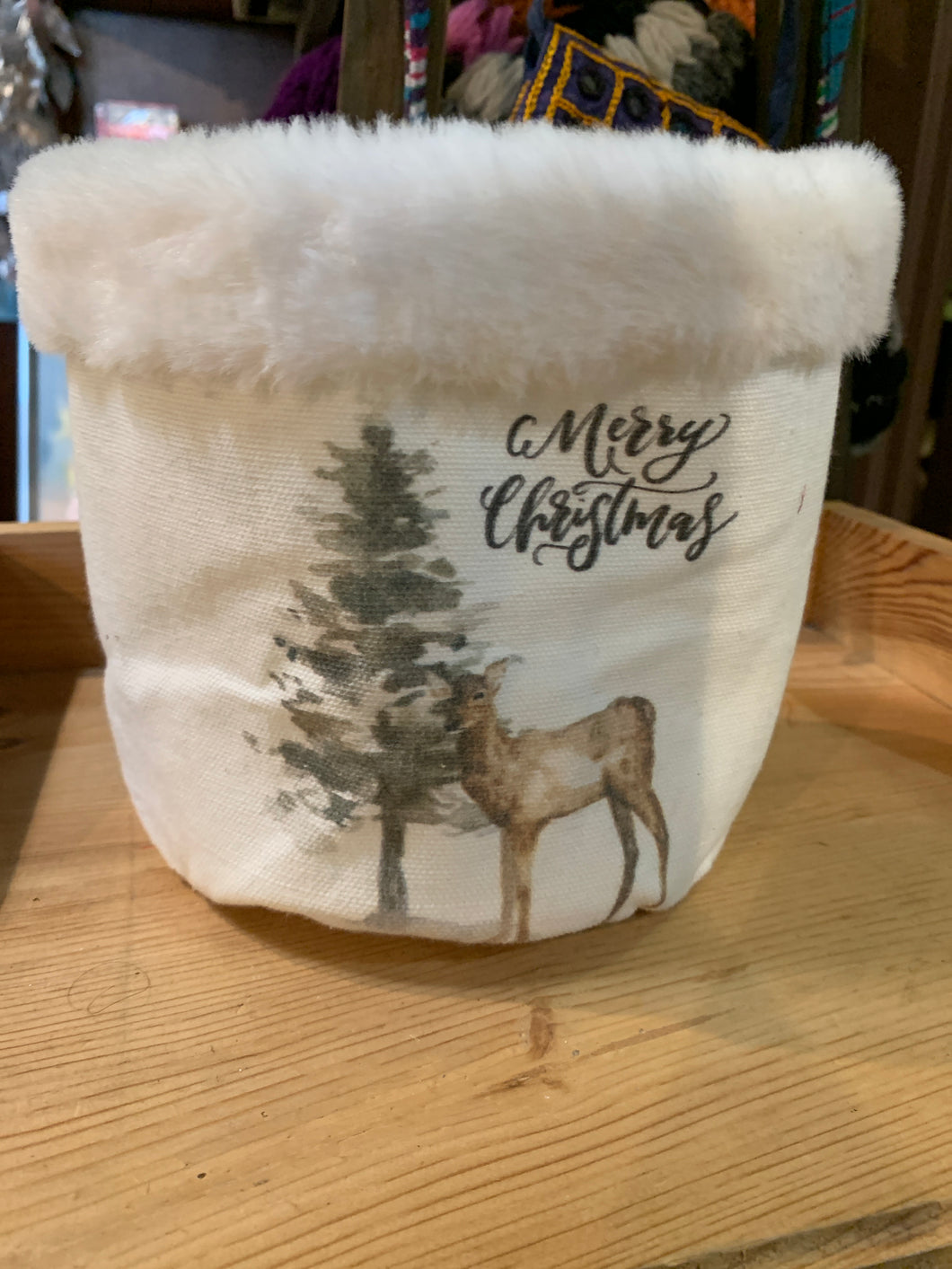 White Fabric Basket with Deer Design - Small