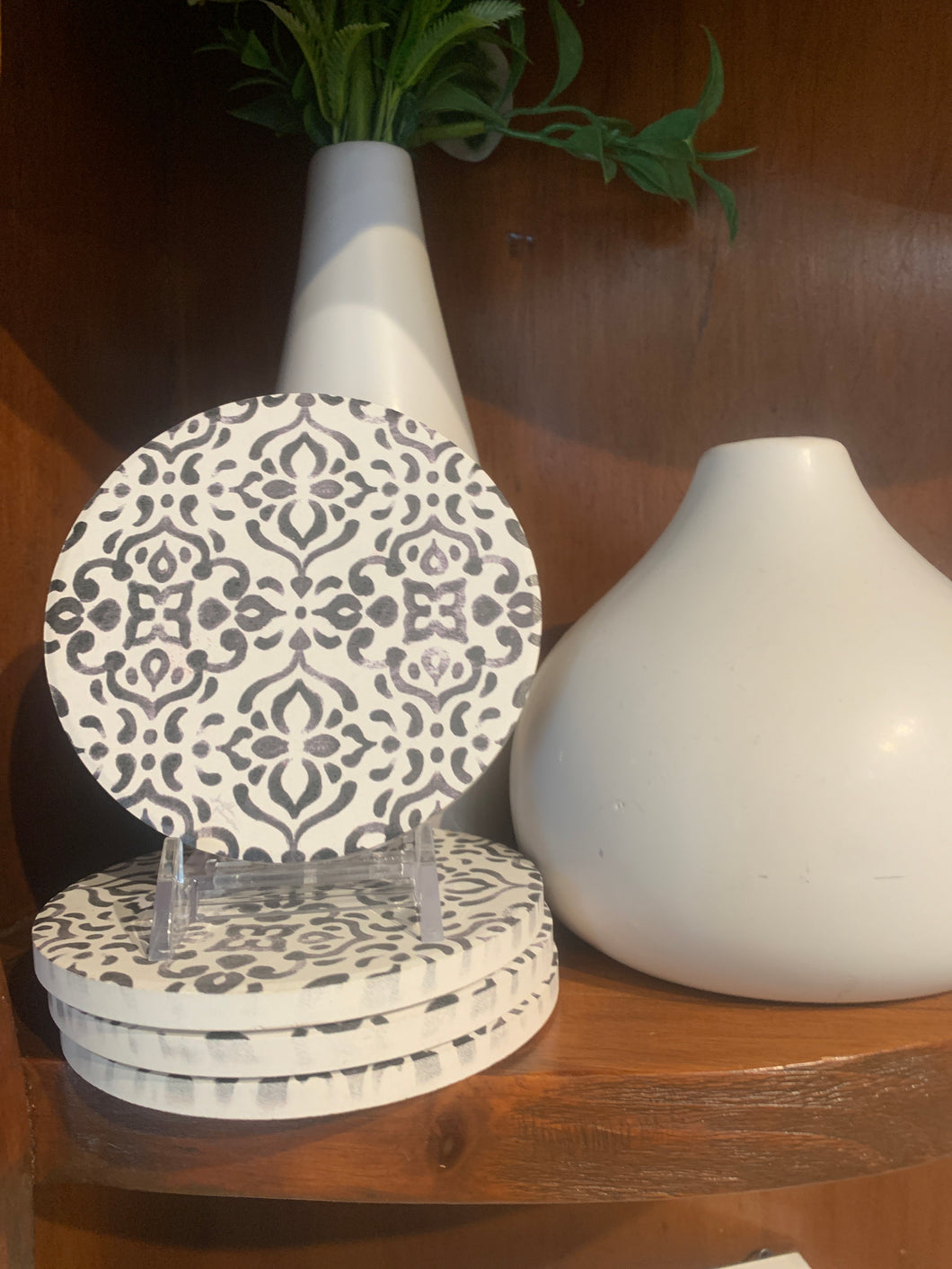 Black & White Deco Round Stoneware Coaster