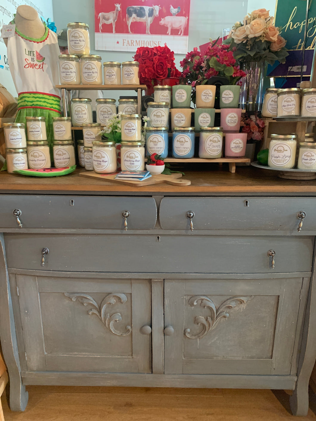 Distressed Blue Dresser Hutch with Wood TopLocal Handcrafted Furniture