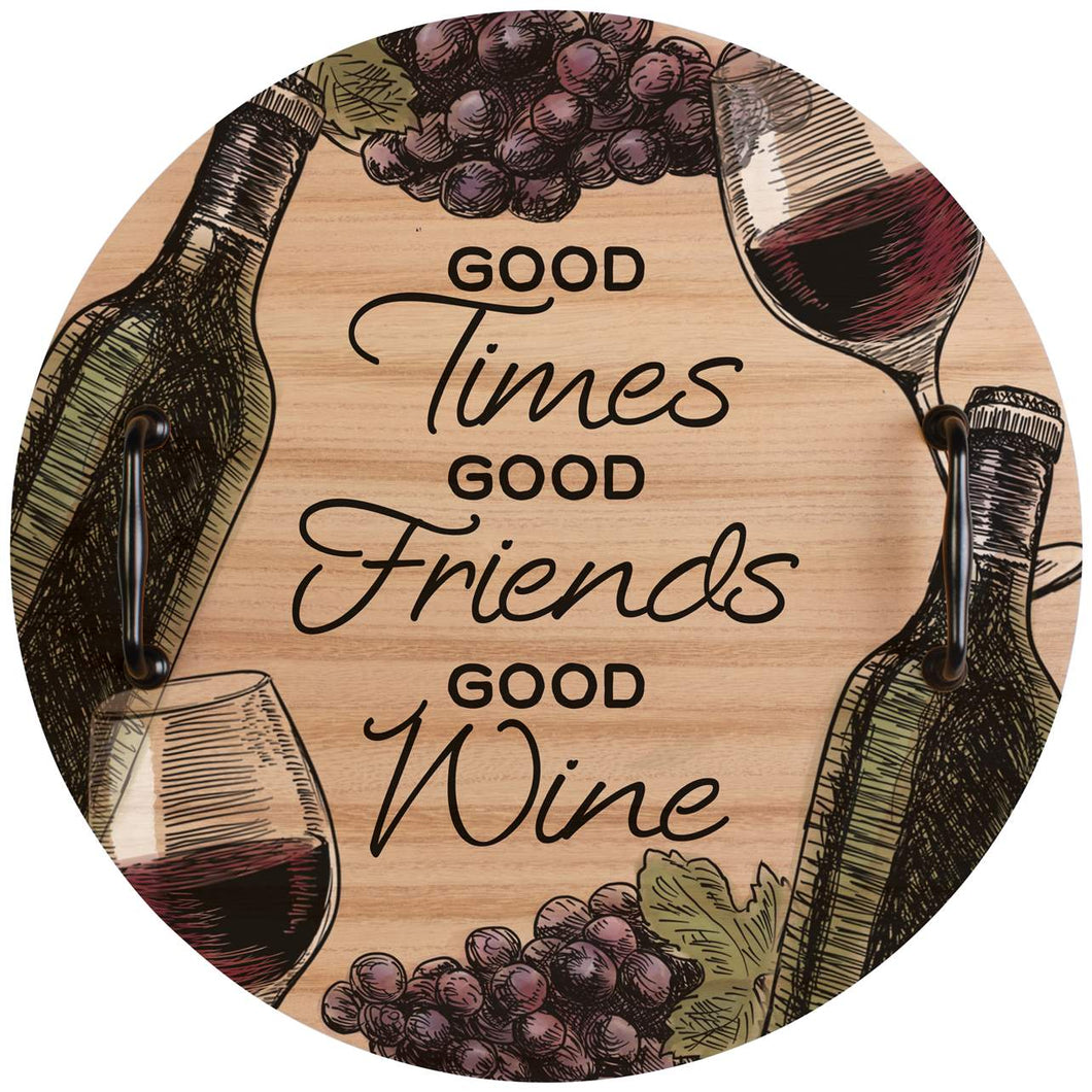 Good Times Good Friends Good Wine Extra Large Wood Serving Tray with Handles