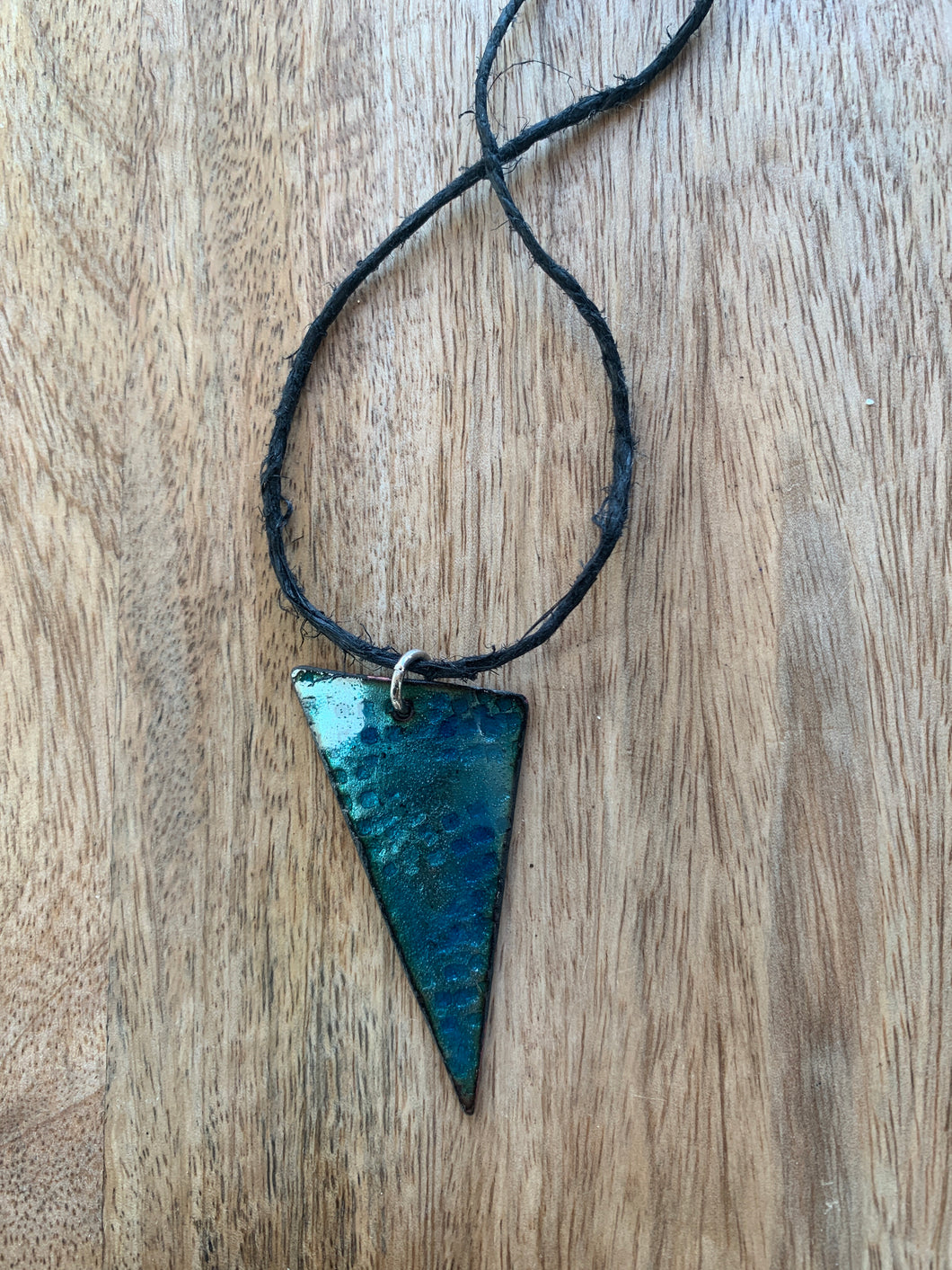 Black Rope Necklace with Blue Metal Triangle Pendant