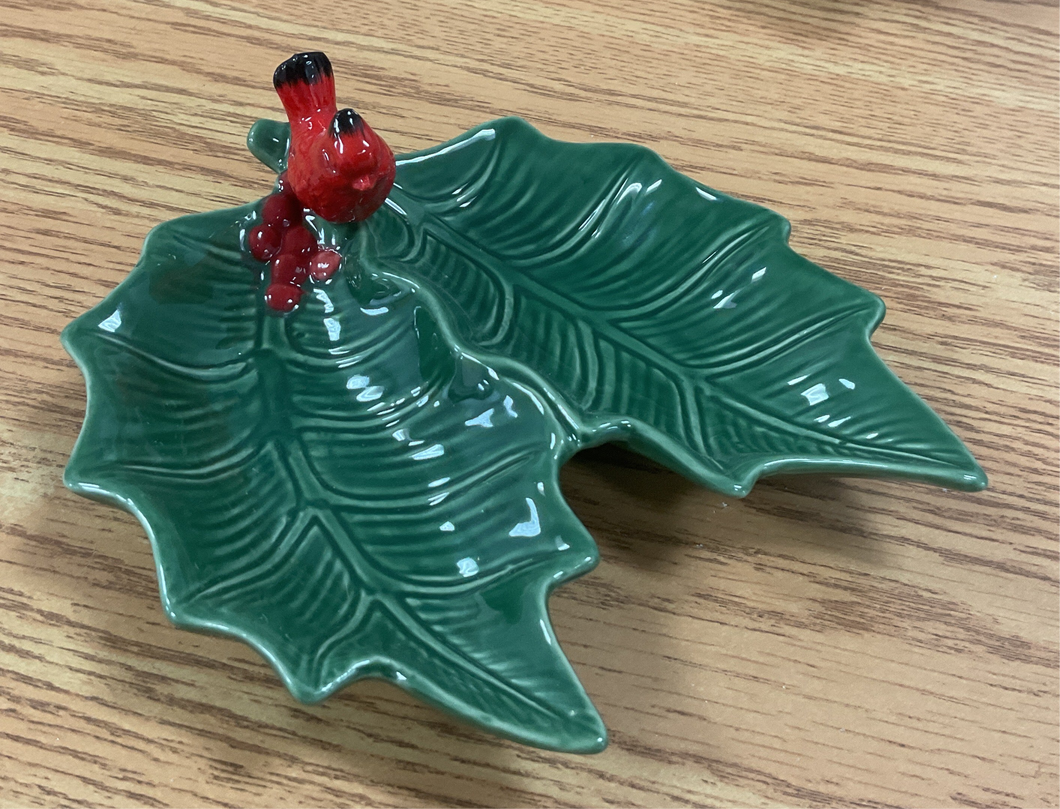 Sectioned Holly Leaf plate with Cardinals