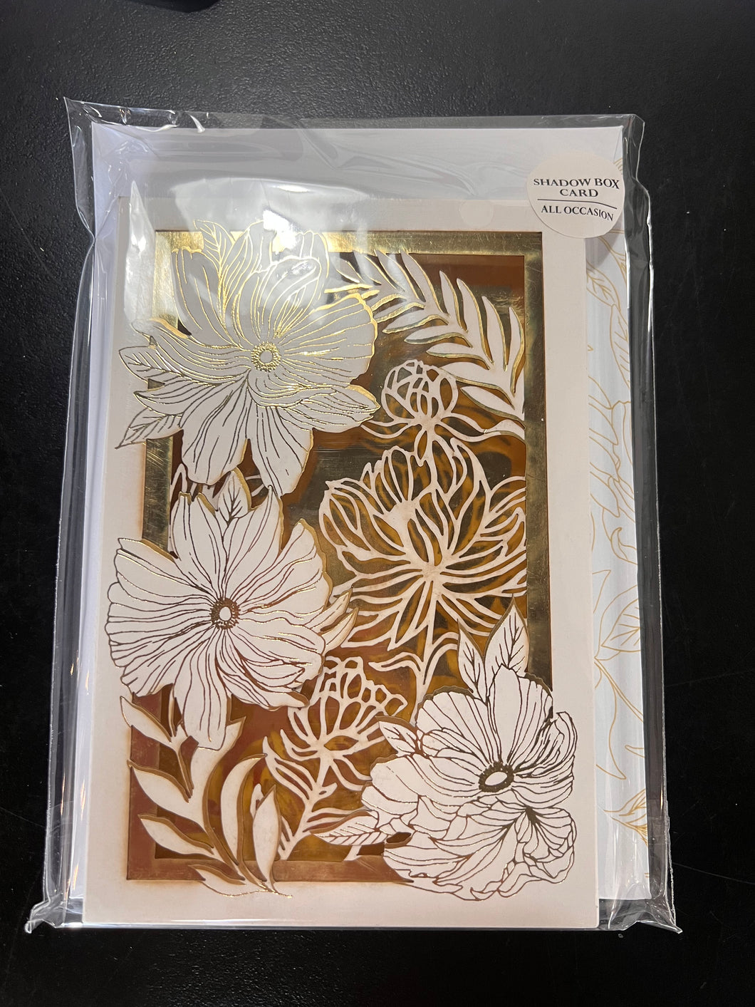 Blank Greeting Card - White & Gold Dahlias - Shadowbox Card