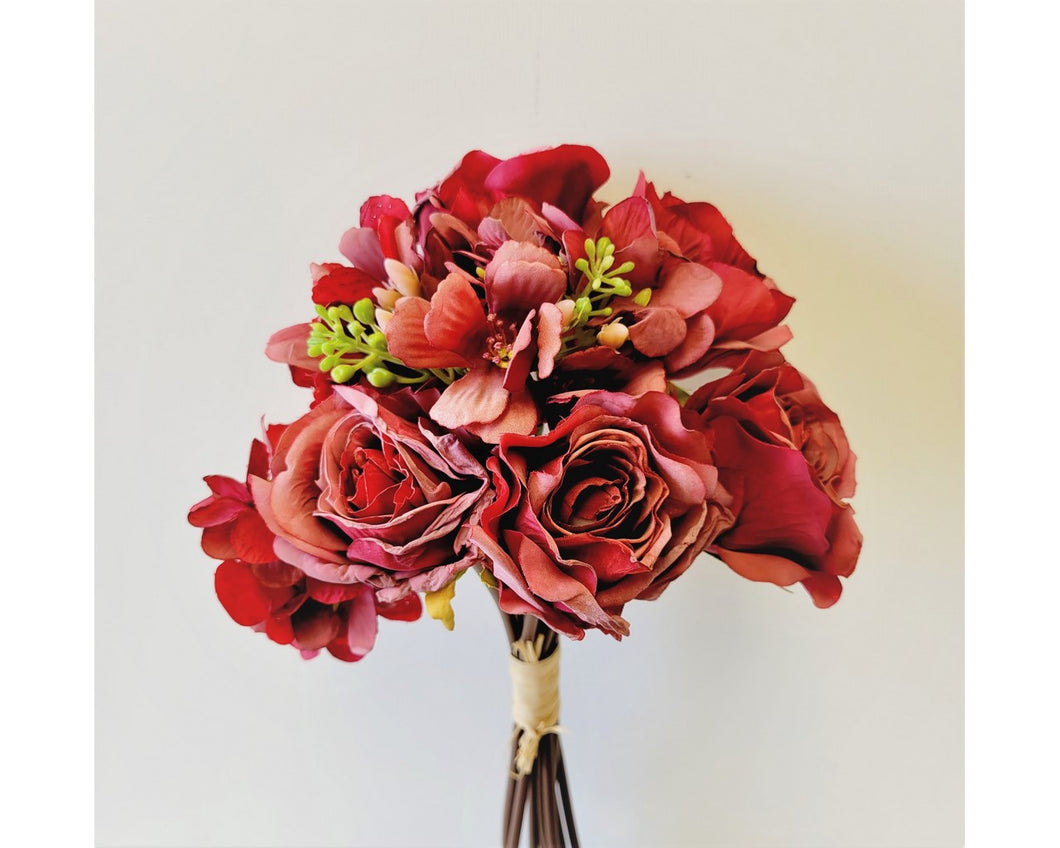 Hand Tied Rose & Hydrangea Bouquet - Burgundy