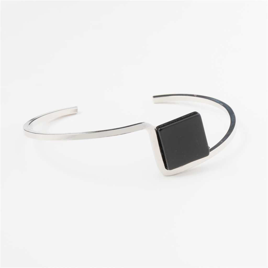 Silver Cuff Style Bracelet with Black Stone