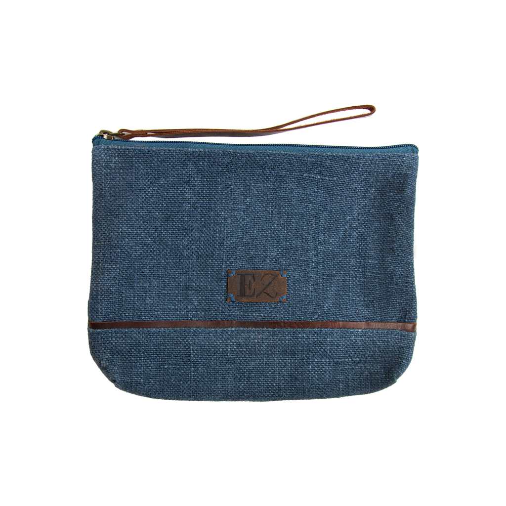 Navy Jute Clutch Style Bag with Leather Handle