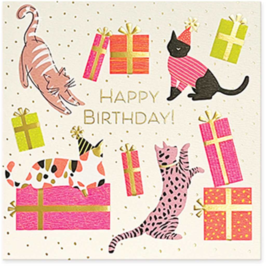 Happy Birthday Cat Party Gold Foil Card with Deluxe Envelope