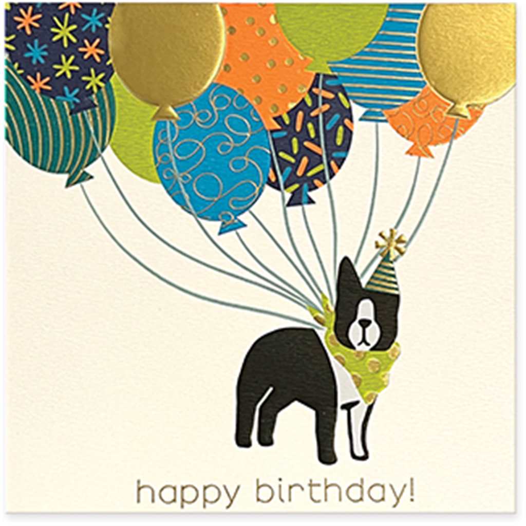 Happy Birthday Pup With Balloons Gold Foil Card with Deluxe Envelope