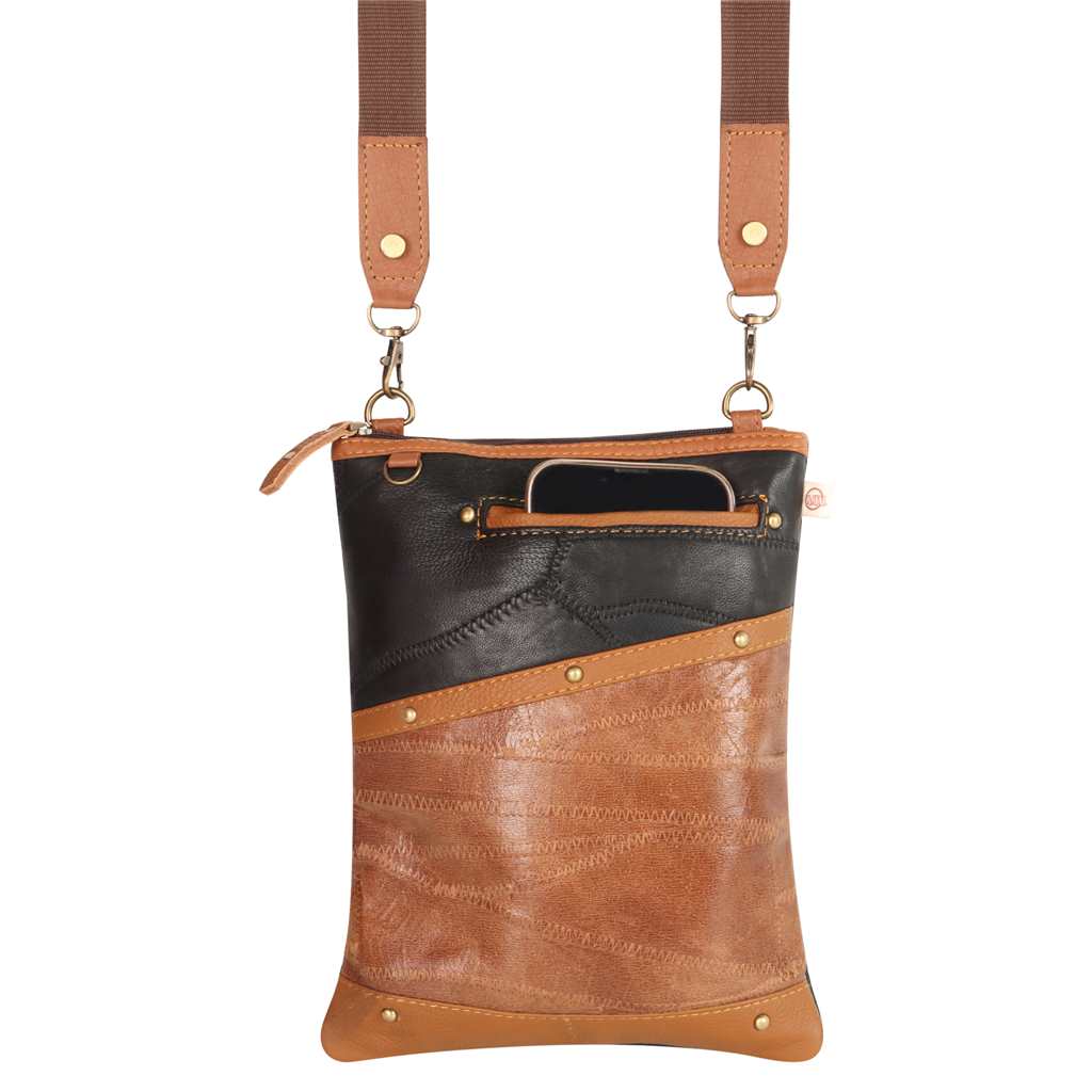 Vaan & Co Genuine Upcycled Leather Crossbody Bag - Black/ Camel