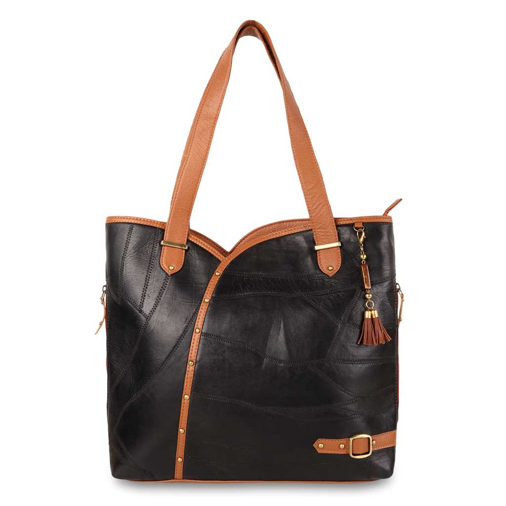 Vaan & Co Genuine Upcycled Leather Hobo Style Handbag - Black