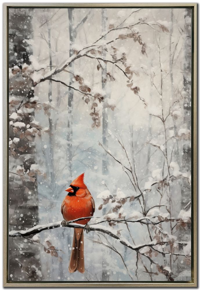 Winter Cardinal Hand Embellished Canvas Print in Floating Frame 24x36