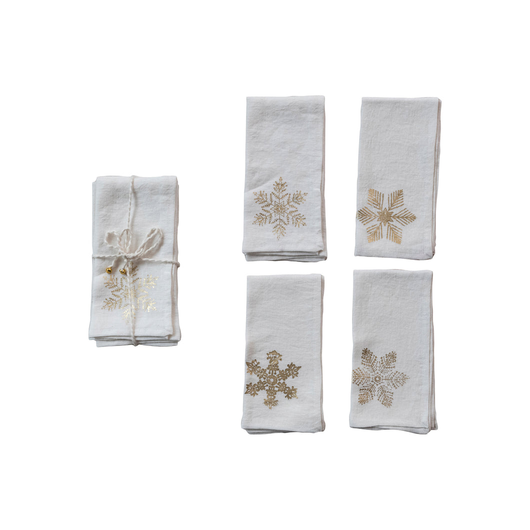 Square Linen Printed Napkins with Gold Foil Snowflake