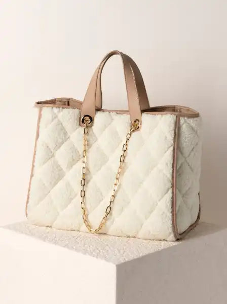 Shiraleah Sherpa Davos Tote in Ivory with Gold Detail