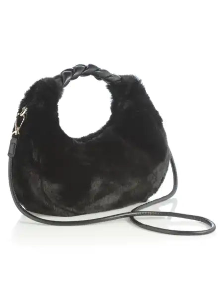 Shiraleah Moritz Faux Fur Mini Hobo Bag with Vegan Leather Detail - Black