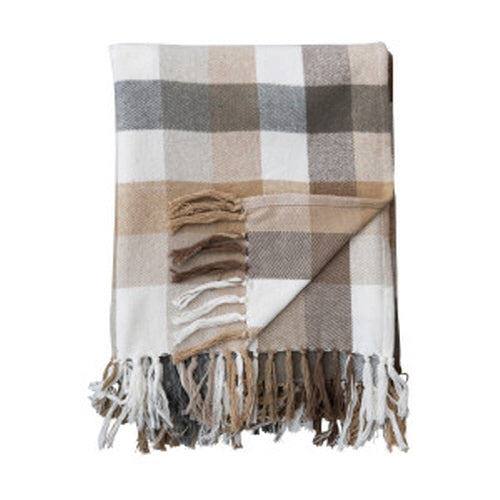 Super Soft Brushed Cotton Flannel Throw with Fringe - Grey/ Taupe & Ivory Combo