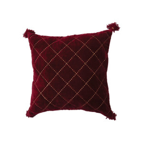 Quilted Burgundy Velvet Pillow with Embroidery & Tassels