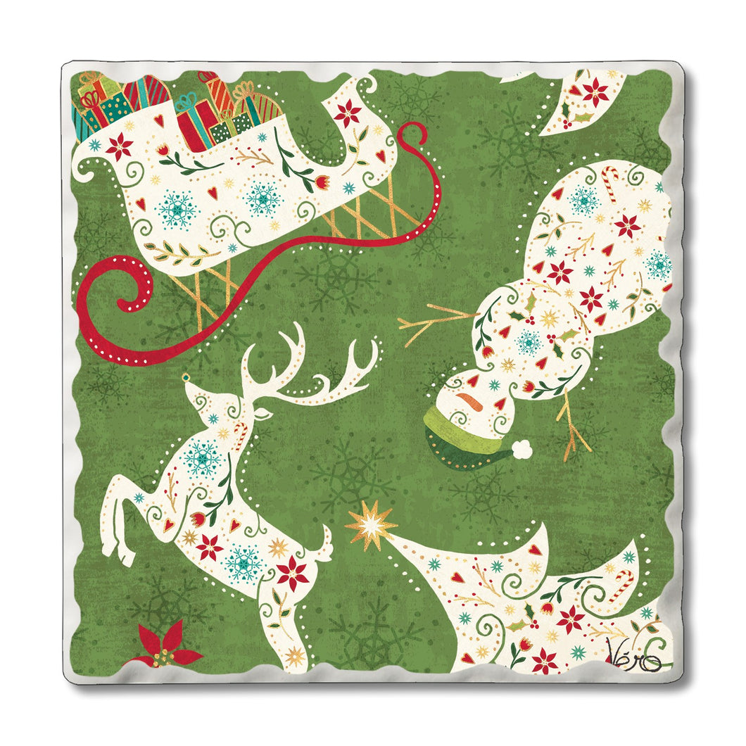 Reindeer & Sleigh Green Motif - Stoneware Coaster
