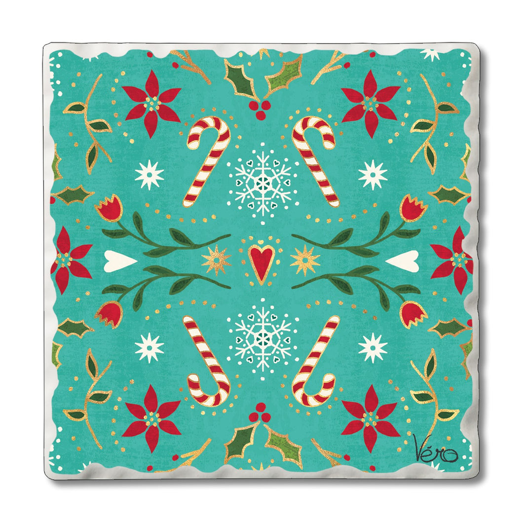 Christmas Coasters for Drinks Set of 6 with Holder Merry Christmas Gnome  with Gifts Floral Border Ceramic Cup Mat Absorbent Ceramic Stone Coasters