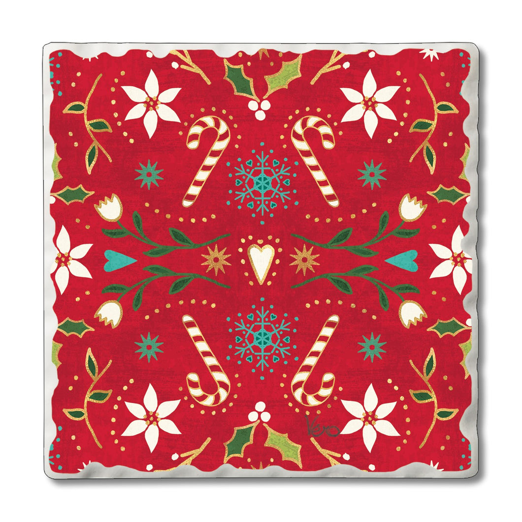 Candy Canes & Holly Red Motif - Stoneware Coaster