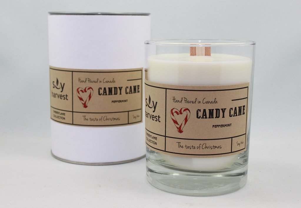 Candy Cane - Soy Harvest Timberflame Candle Hand Poured; Wooden Wick