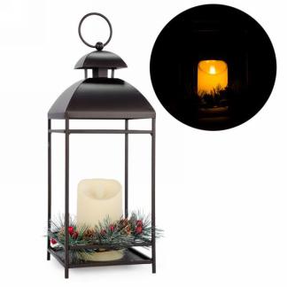 Lantern with LED Candle and Pine Decor