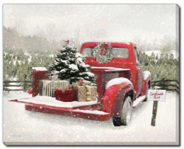 Truck & Snowy Tree - Hand Embellished Canvas Print - 16 x 20