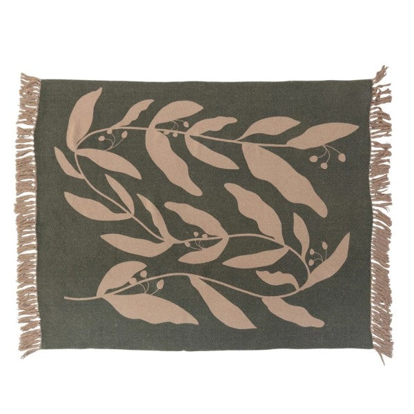 Recycled Cotton Blend Printed Throw with Fringe - Green & Taupe