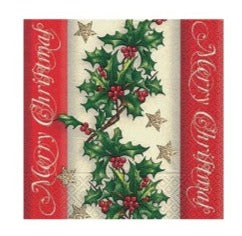 Merry Christmas with Holly Border Luncheon Napkins