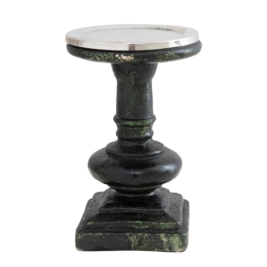 Mercury Glass Pillar Candle Holder - Green