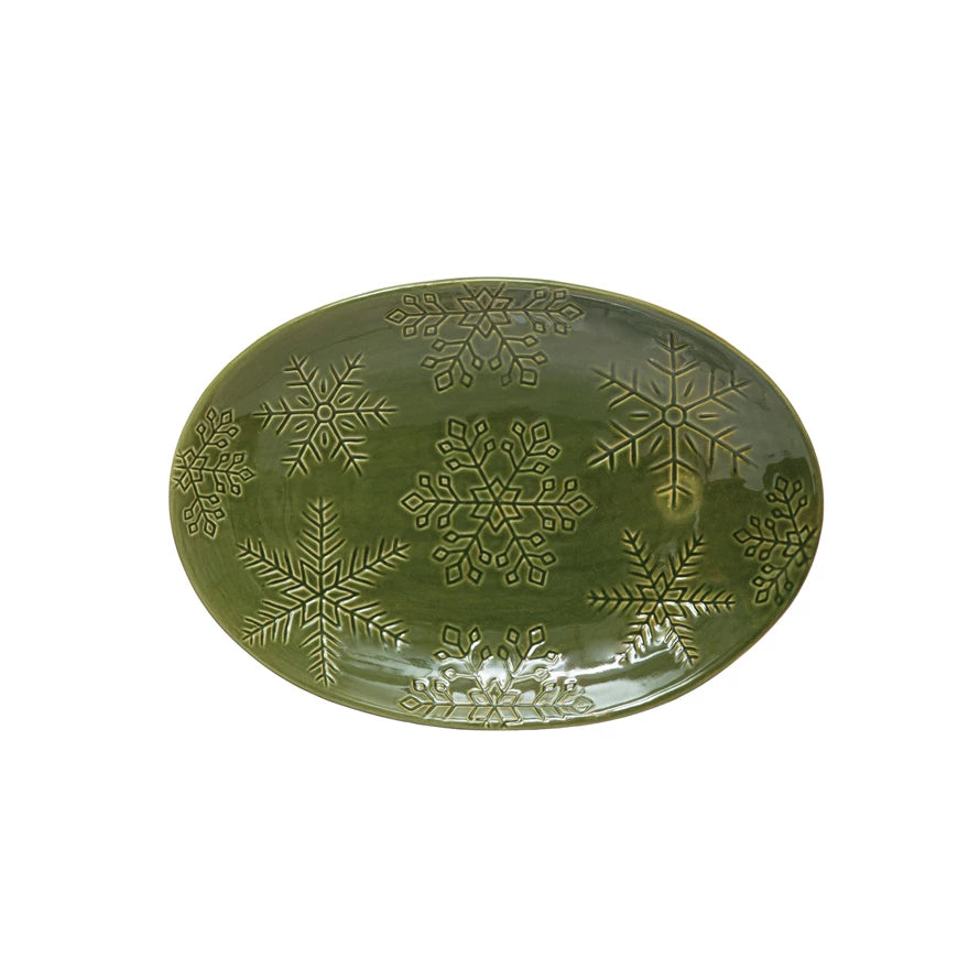 Debossed Stoneware Snowflake Platter - Green
